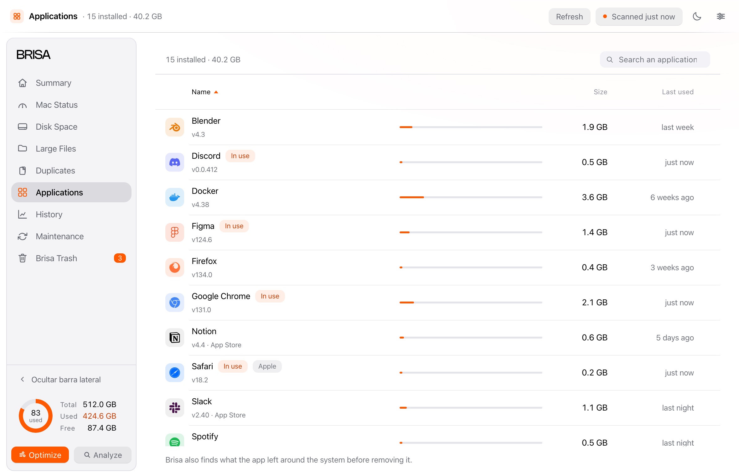 Installed applications in Brisa, sorted by size, with search and a mark on the ones currently in use.