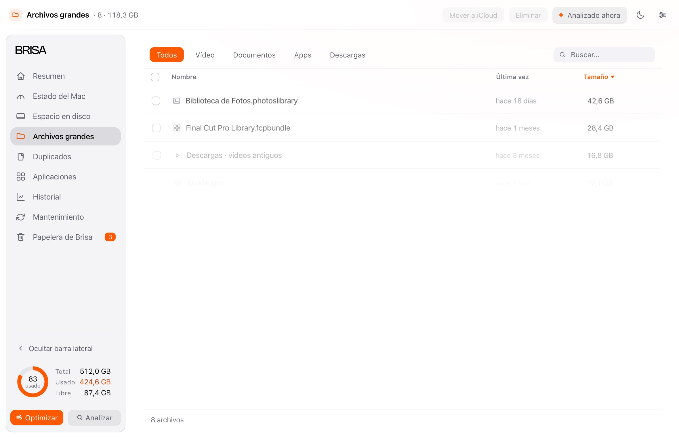 Archivos grandes en Brisa: tabla con nombre, tamaño y última vez que se abrieron, con filtros por tipo.